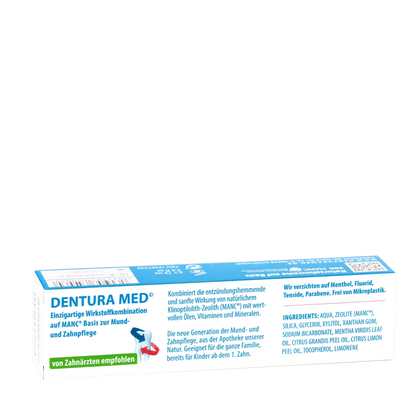 Rückseite der Verpackung von FROXIMUN "Dentura Med Sensitiv Zeolith" 
