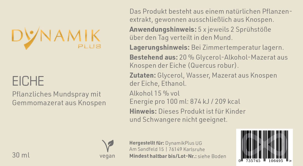 DYNAMIKPLUS "Eiche - Gemmomazerat" Etikett mit Inhaltsstoffen und -angaben