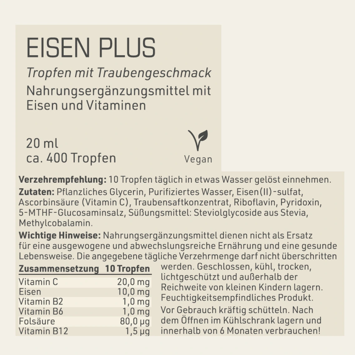 Produktetikett "Eisen Plus" mit Inhaltsstoffen und -angaben