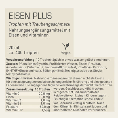 Produktetikett "Eisen Plus" mit Inhaltsstoffen und -angaben