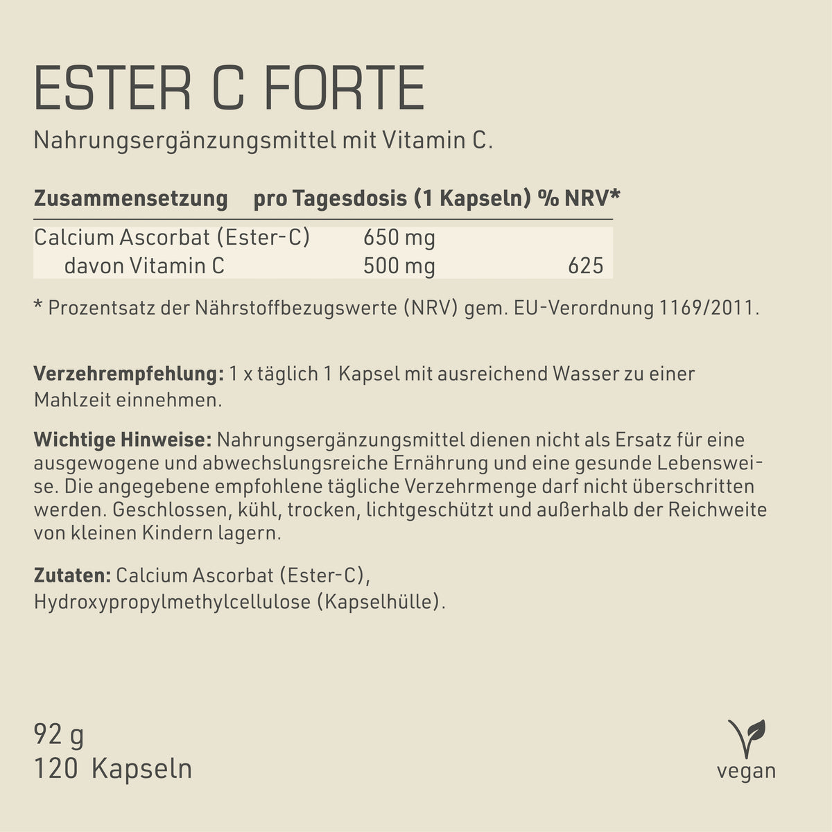 Ester C Forte Etikett mit Inhaltsstoffen und -angaben