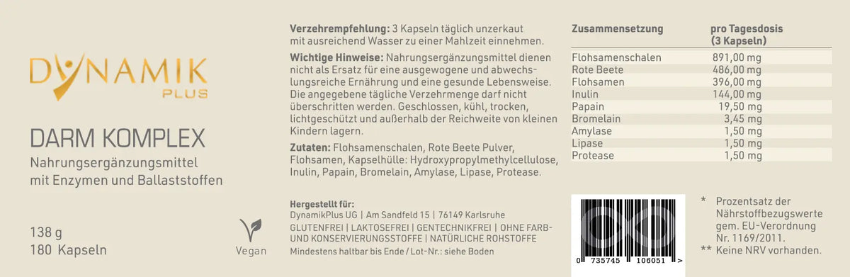 Produktetikett "Darm Komplex" mit Inhaltsstoffen und -angaben