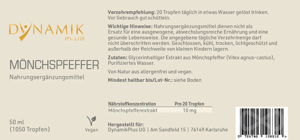 Produktetikett "Mönchspfeffer" mit Inhaltsstoffen und -angaben