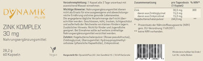DYNAMIKPLUS Etikett "Zink Komplex" mit Inhaltsstoffen und -angaben 