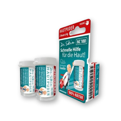 Zwei Hautpuderdöschen plus blaue Verpackung mit "Dr. Skin Hautpuder" Druck und Arztabbildung