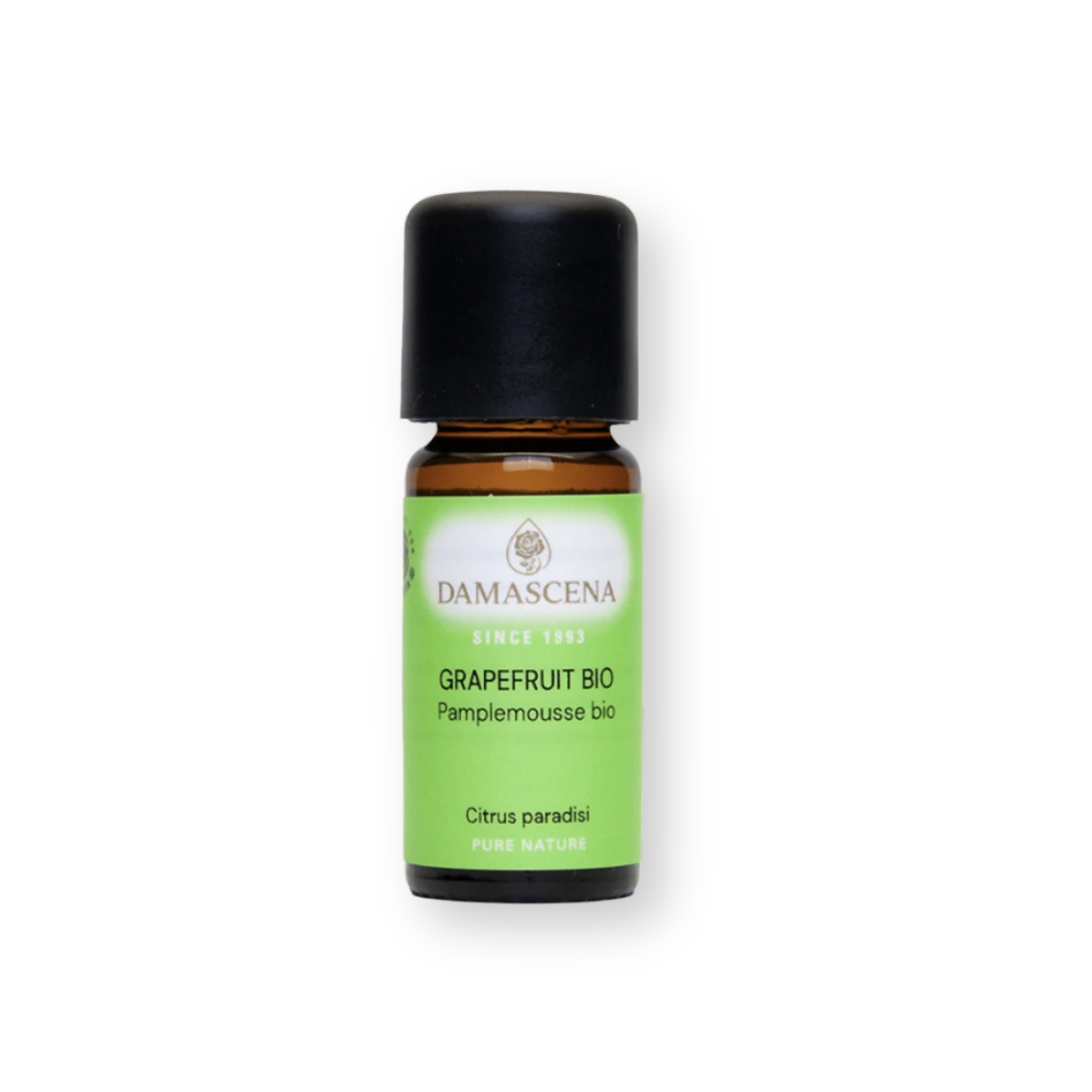 Kleines braunes Fläschchen mit grünem Aromaveda "Grapefruit Bio" Etikett