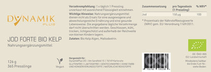 Produktetikett "Jod Forte Bio Kelp" mit Inhaltsstoffen und -angaben