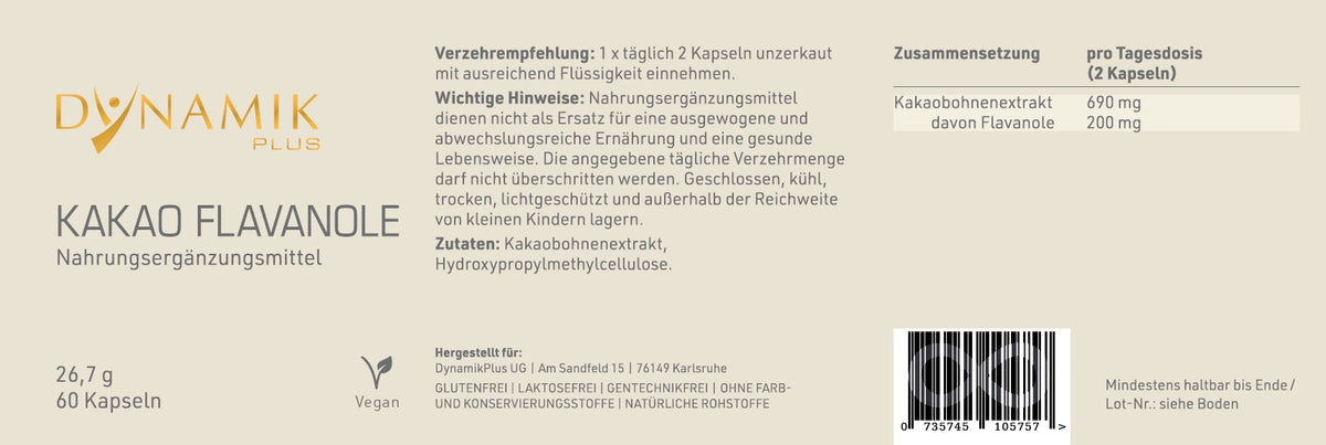 Produktetikett "Kakao Flavanole" mit Inhaltsstoffen und -angaben