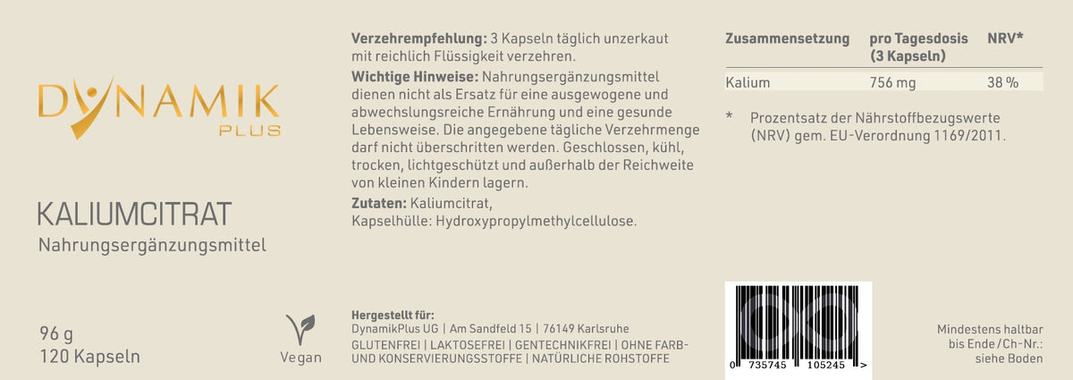 Produktetikett "Kaliumcitrat" mit Inhaltsstoffen und -angaben
