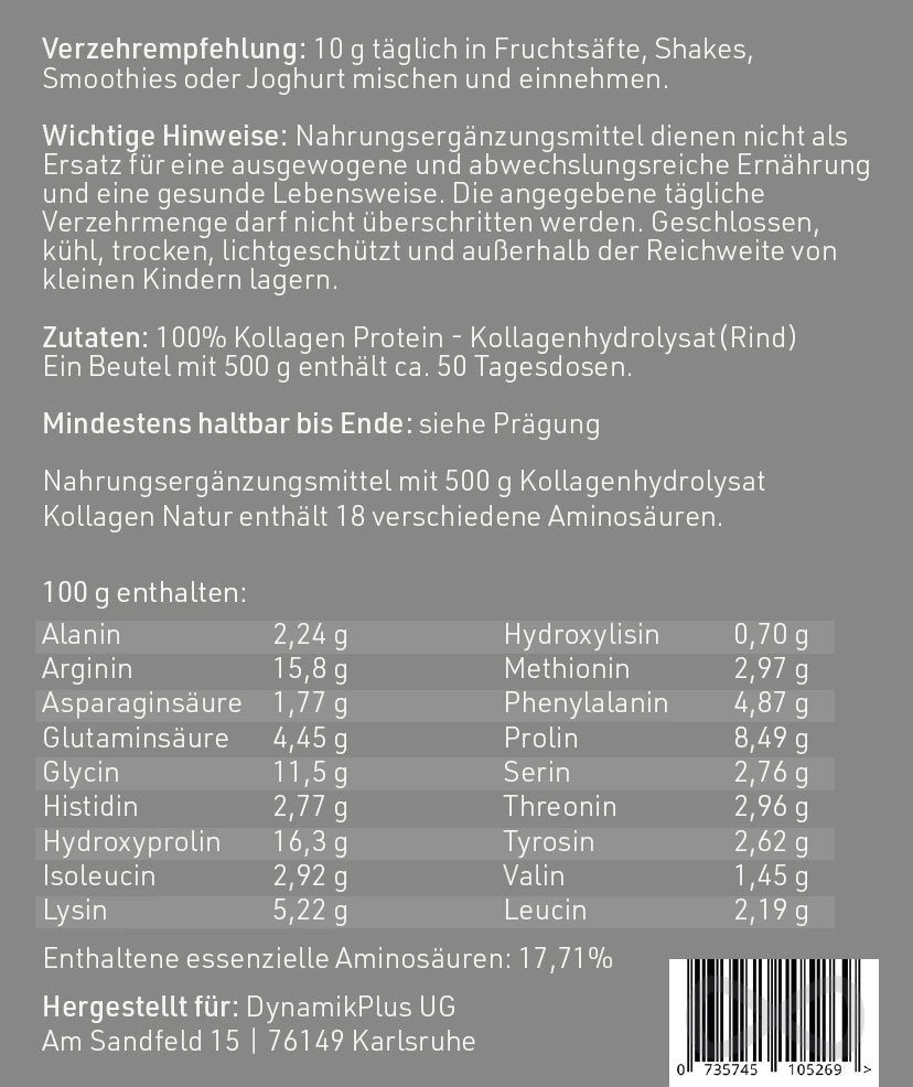 Nährstofftabelle und Wichtige Hinweise Etikett "Kollagen Natur"