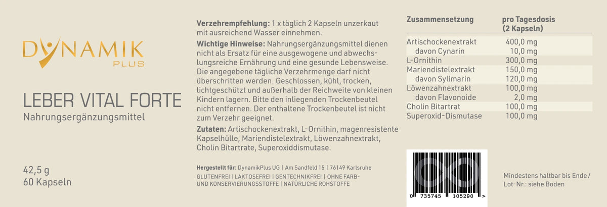 DYNAMIKPLUS Etikett "Leber Vital Forte" mit Inhaltsstoffen und -angaben