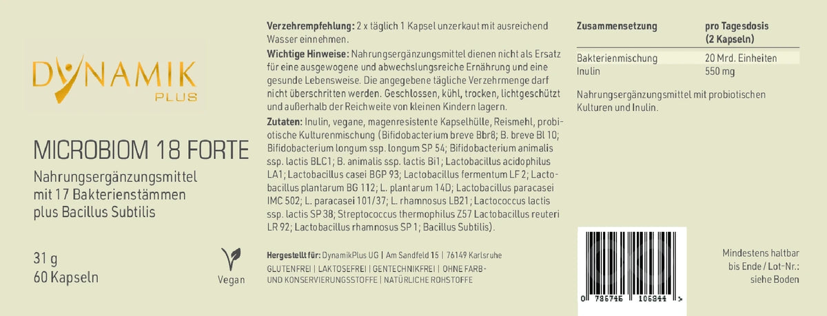 Microbiom 18 Forte Etikett mit Inhaltsstoffen und -angaben