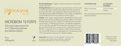 Microbiom 18 Forte Etikett mit Inhaltsstoffen und -angaben