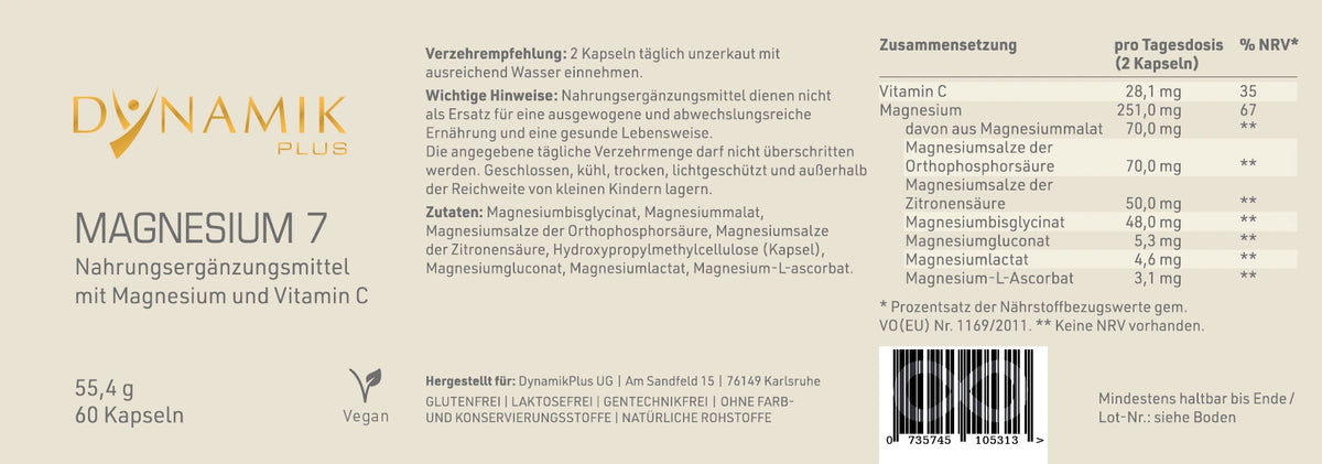 DYNAMIKPLUS Etikett "Magnesium 7" mit Inhaltsstoffen und -angaben