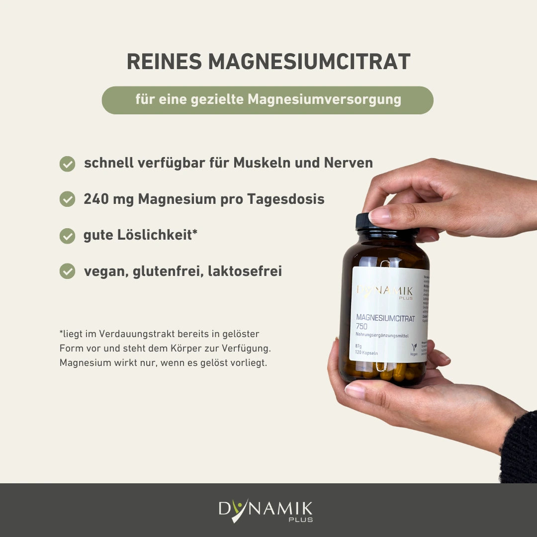 Infografik DYNAMIKPLUS Magnesiumcitrat 750 Eigenschaften