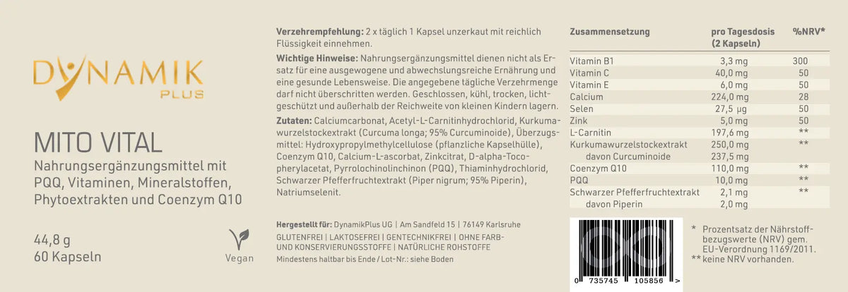 Produktetikett "Mito Vital" mit Inhaltsstoffen und -angaben
