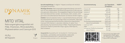 Produktetikett "Mito Vital" mit Inhaltsstoffen und -angaben