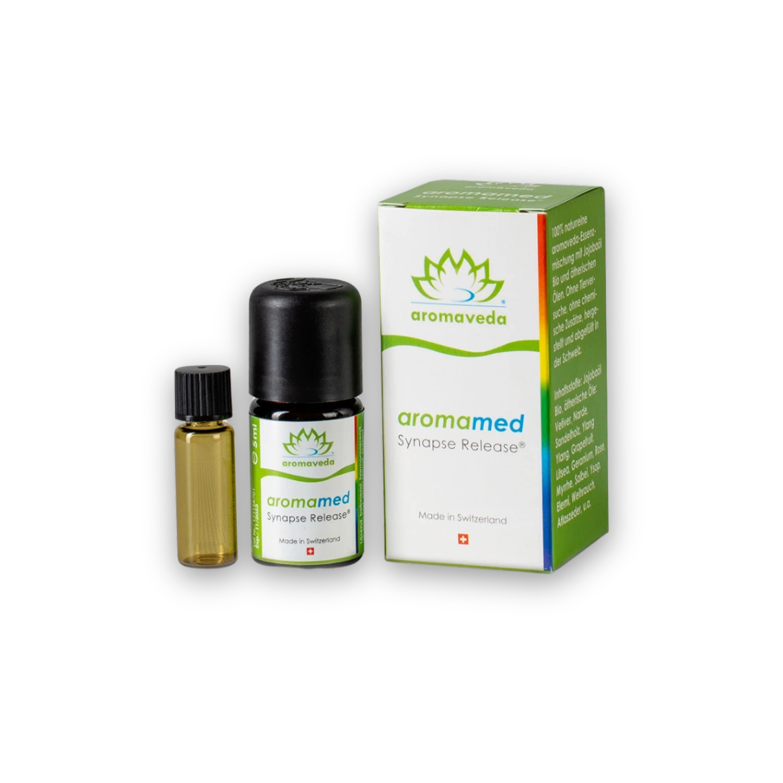 Kleines Fläschchen mit Aromaveda "aromamed Synapse Release" Etikett und kleinem Fläschchen für unterwegs
