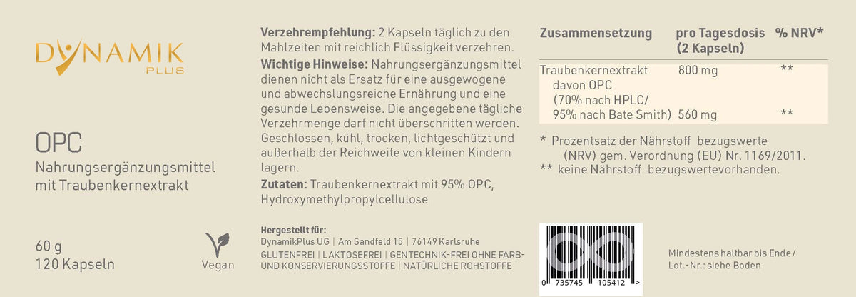 DYNAMIKPLUS Etikett "OPC" mit Inhaltsstoffen und -angaben