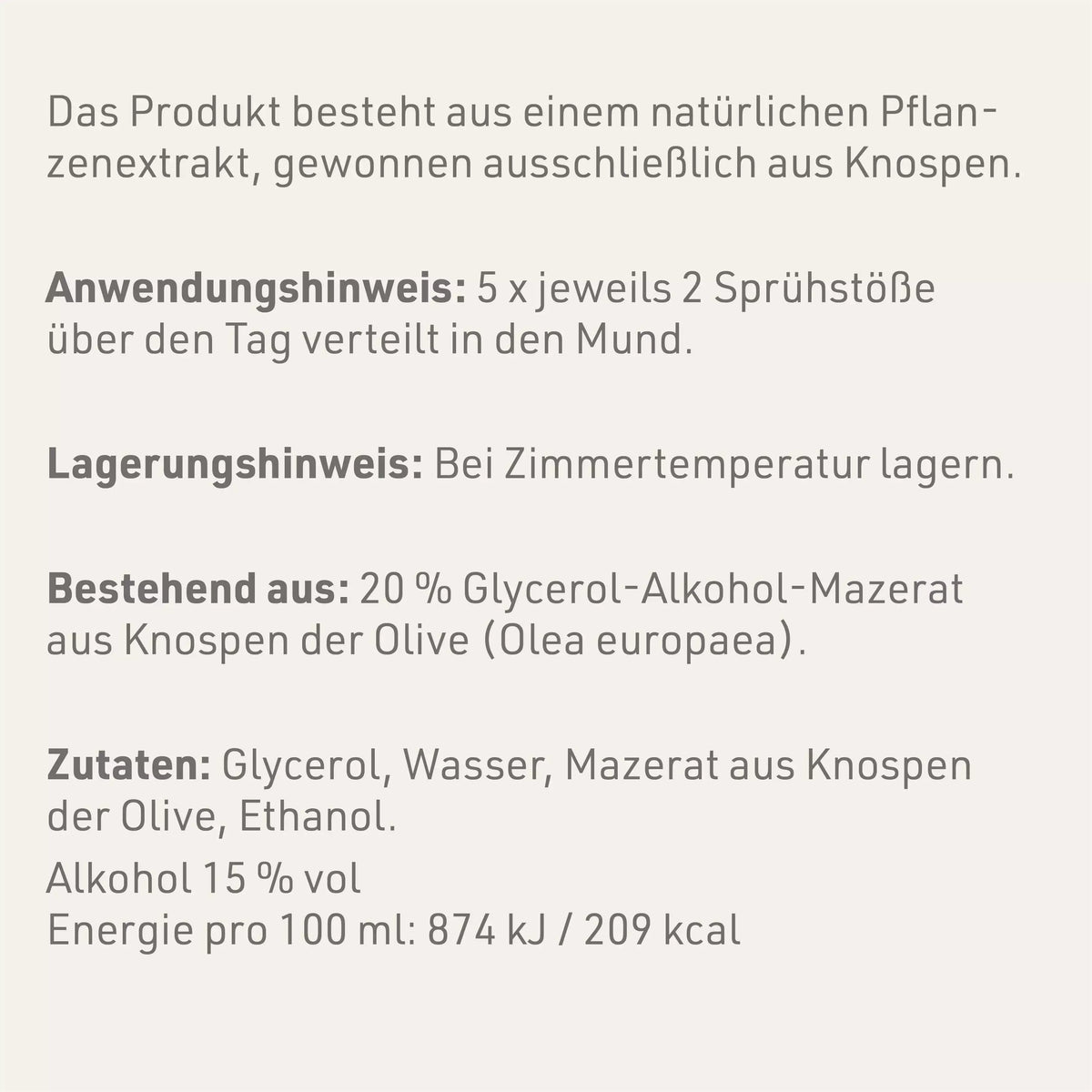 Produktetikett "Olive - Gemmomazerat" mit Inhaltsstoffen und -angaben