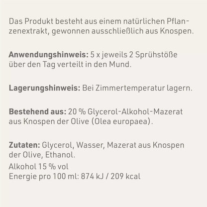 Produktetikett "Olive - Gemmomazerat" mit Inhaltsstoffen und -angaben