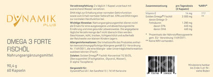 Produktetikett "Omega 3 Forte Fischöl" mit Inhaltsstoffen und -angaben