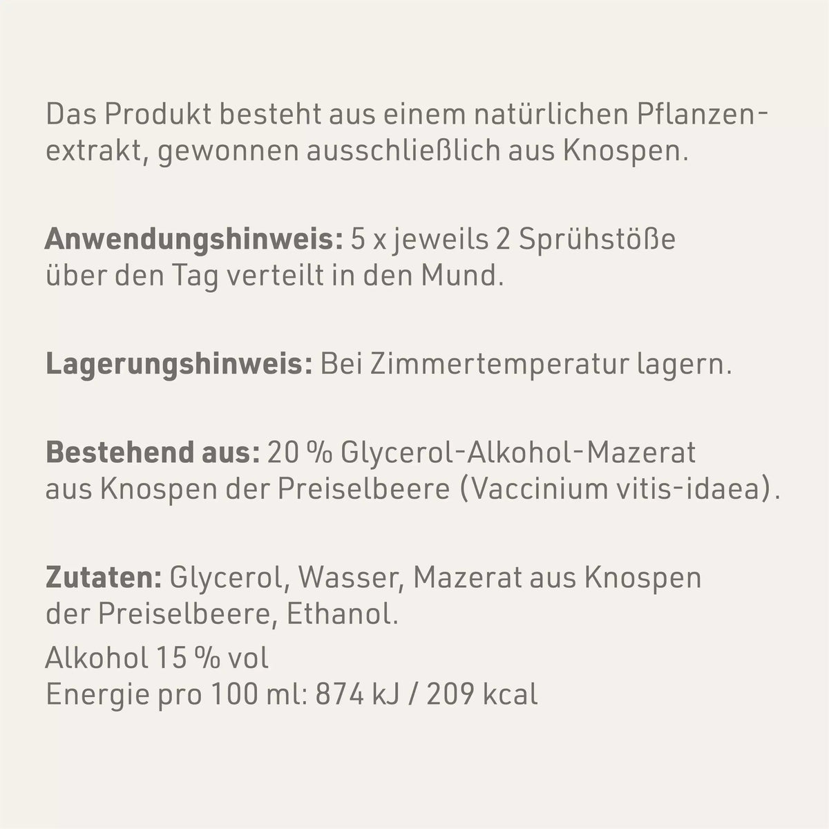 Produktetikett "Preiselbeere - Gemmomazerat" mit Inhaltsstoffen und -angaben