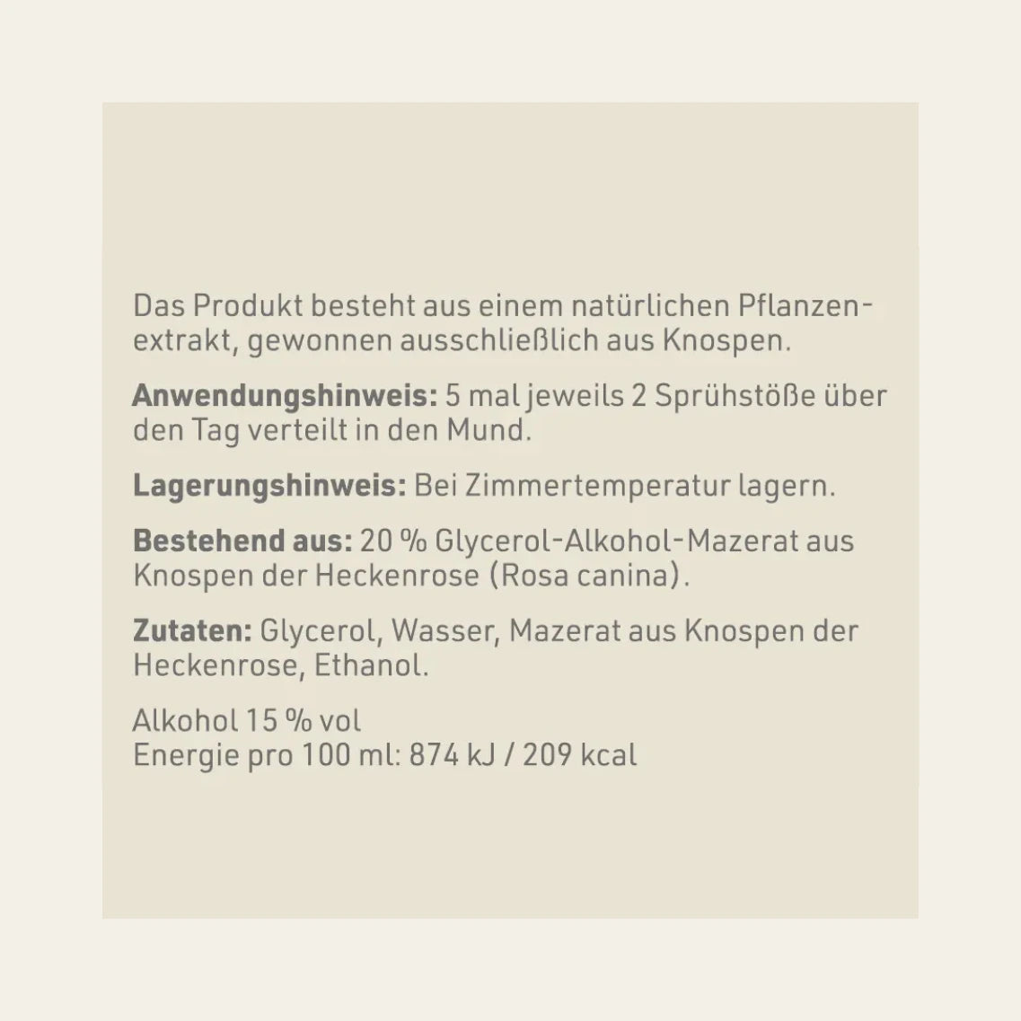 Produktetikett "Heckenrose - Gemmomazerat" mit Inhaltsstoffen und -angaben