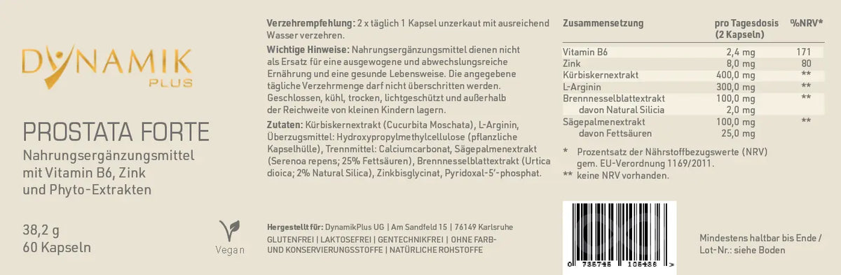 Produktetikett "Prostata Forte" mit Inhaltsstoffen und -angaben