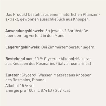 Produktetikett "Rosmarin - Gemmomazerat" mit Inhaltsstoffen und -angaben