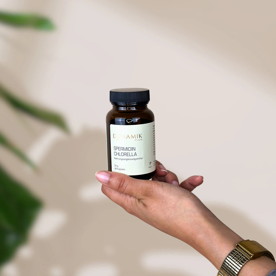 Brauner Glasbehälter mit DynamikPlus "Spermidin Chlorella" Etikett und schwarzem Drehverschluss