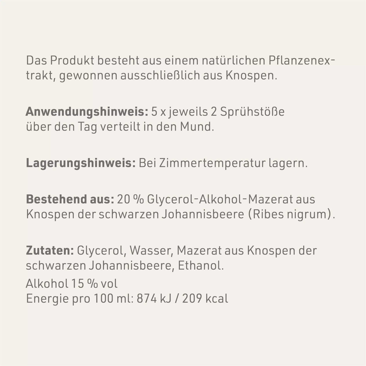 Produktetikett "Schwarze Johannisbeere - Gemmomazerat" mit Inhaltsstoffen und -angaben
