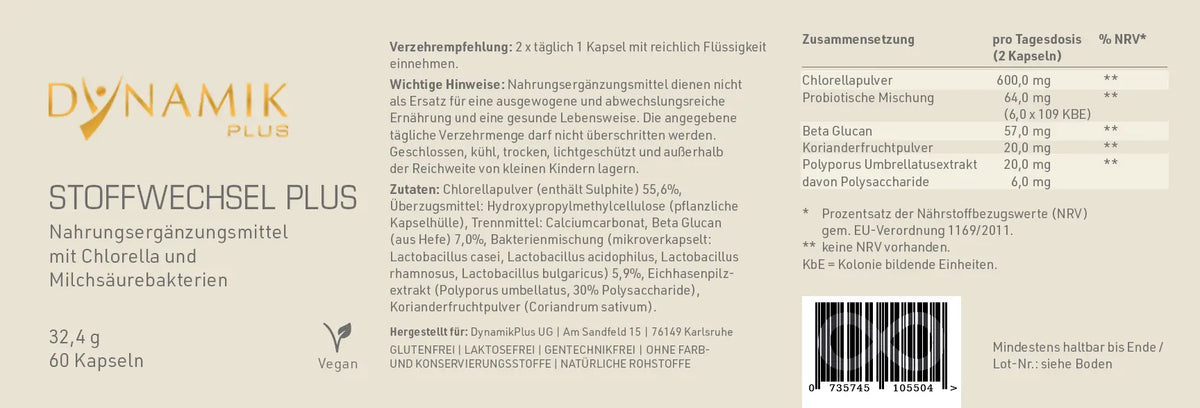 Produktetikett "Stoffwechsel Plus" mit Inhaltsstoffen und -angaben