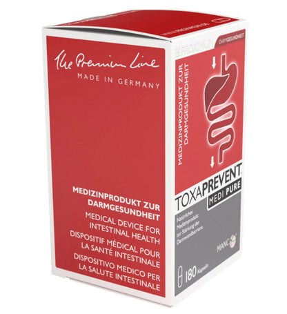 Rechteckige rot-weiße Verpackung mit "TOXAPREVENT Medi Pure" Print und Verdauungstraktabbildung 
