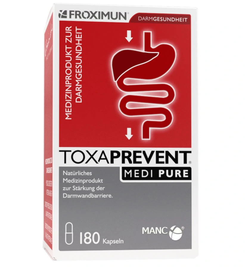 Rechteckige rot-weiße Verpackung mit "TOXAPREVENT Medi Pure" Print und Verdauungstraktabbildung 