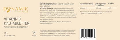 Produktetikett "Vitamin C Kautabletten" mit Inhaltsstoffen und -angaben