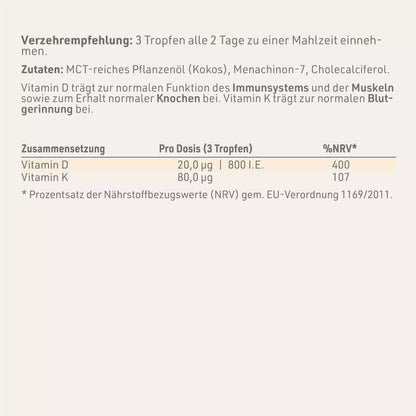 Produktetikett "Vitamin D3 + K2 Tropfen" mit Inhaltsstoffen und -angaben