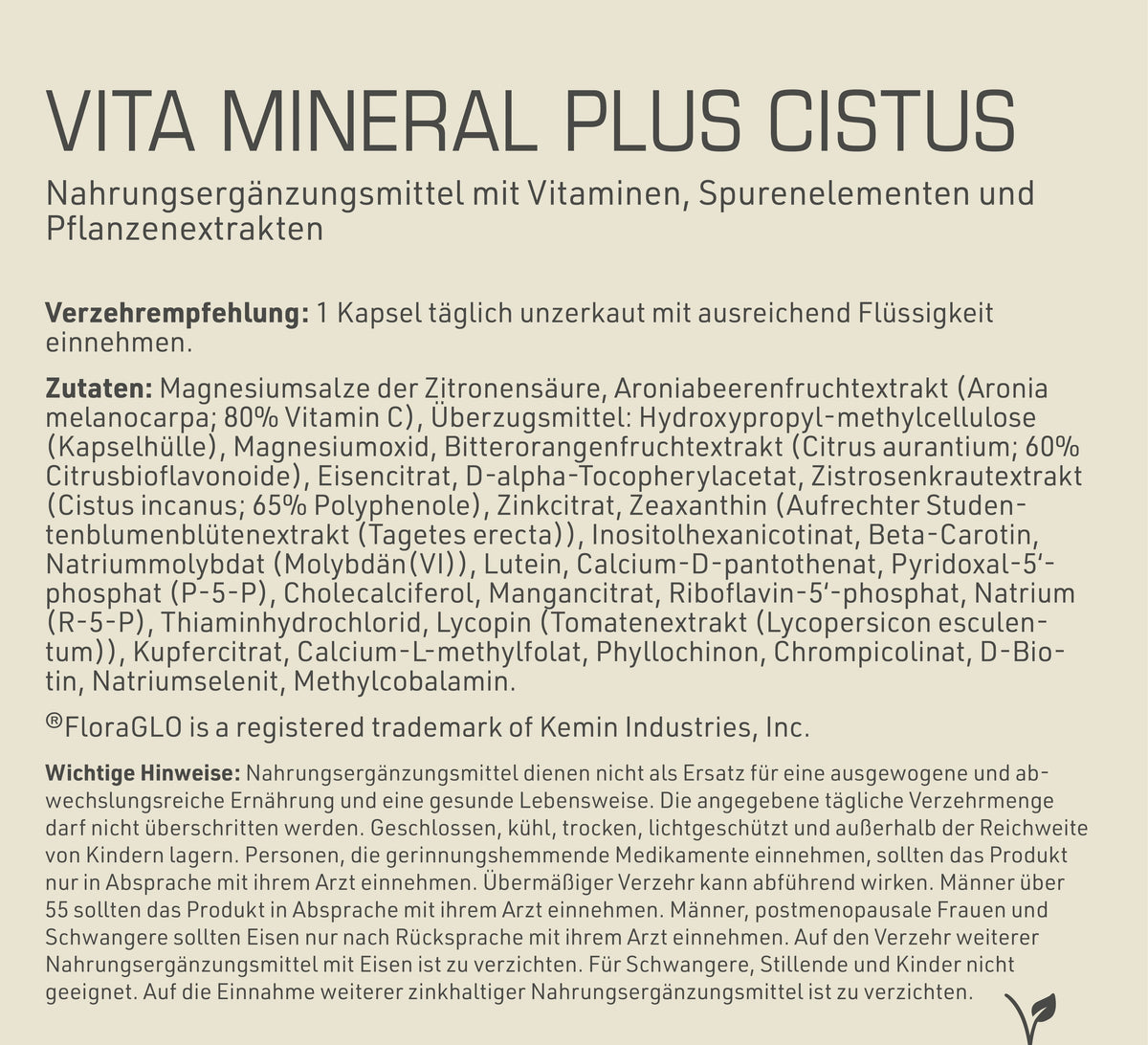 Vita Mineral Plus Cistus Etikett Rückseite mit Inhaltsstoffen