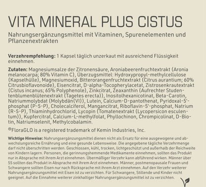 Vita Mineral Plus Cistus Etikett Rückseite mit Inhaltsstoffen