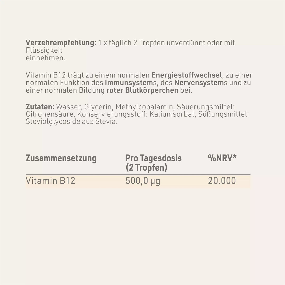 Produktetikett "Vitamin B12 Liquid" mit Inhaltsstoffen und -angaben