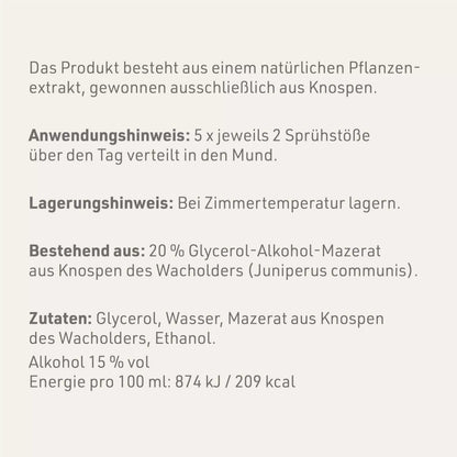 Produktetikett "Wacholder - Gemmomazerat" mit Inhaltsstoffen und -angaben