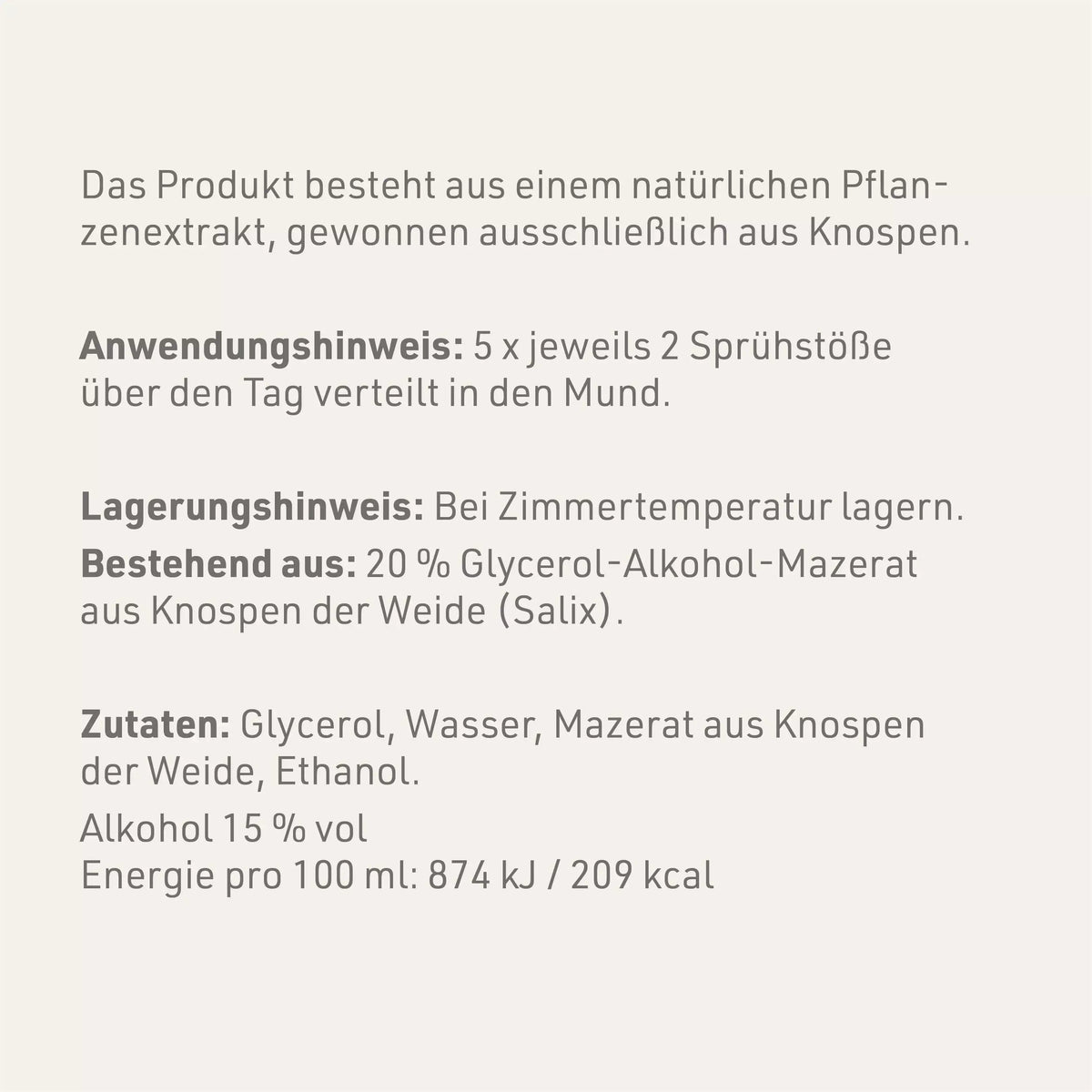 Produktetikett "Weide - Gemmomazerat" mit Inhaltsstoffen und -angaben
