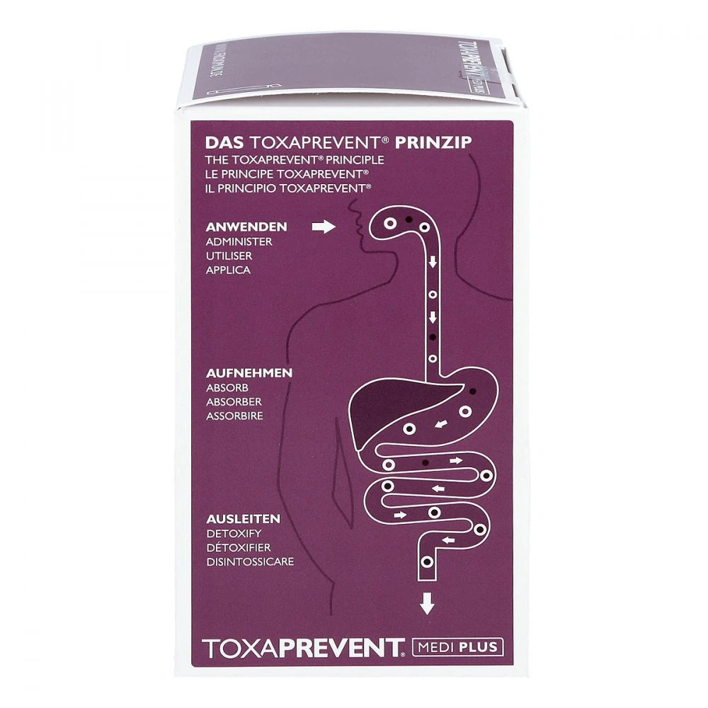 FROXIMUN Toxaprevent Medi Plus Verpackungseite mit Abbildung des TOXAPREVENT Prinzips