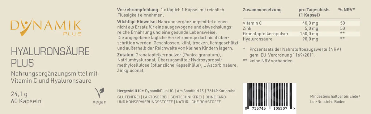 DYNAMIKPLUS Etikett "Hyaluronsäure Plus"