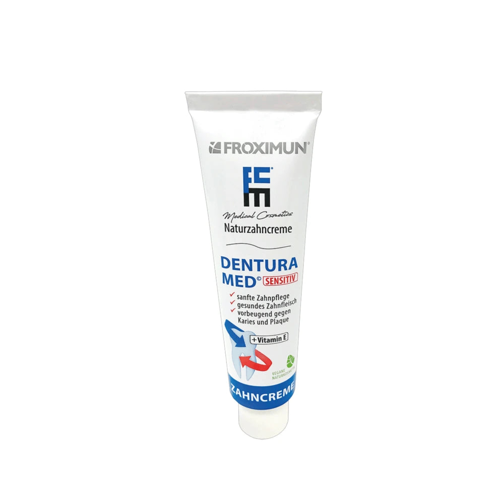 Weiße Zahncremetube von FROXIMUN mit "Dentura Med Sensitiv Zeolith" Print
