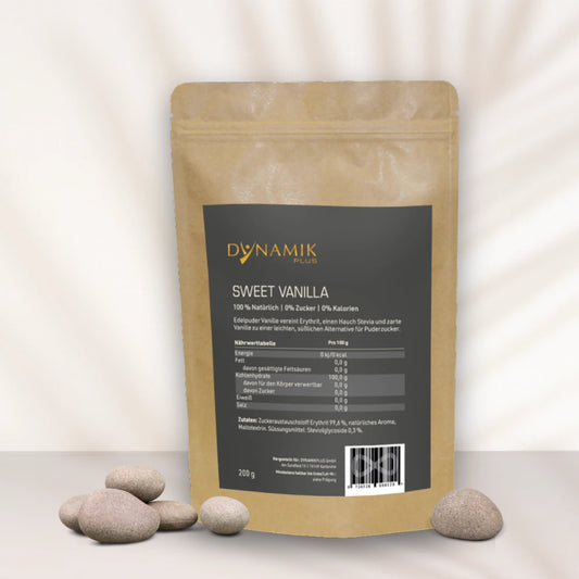 Braune Papiertasche mit DYNAMIKPLUS Etikett "Sweet Vanilla"